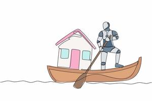 ett kontinuerlig linje teckning av robot segling bort på båt med hus miniatyr. uppkopplad Sök för hus på internet. smart geni intelligens . enda linje dra design grafisk vektor illustration