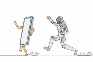 kontinuierlich einer Linie Zeichnung von jung Astronaut Lauf jagen Smartphone im Mond Oberfläche. Kommunikation Revolution mit Satellit Telefon. Kosmonaut äußere Raum. Single Linie zeichnen Design Vektor Illustration