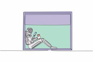 kontinuerlig ett linje teckning astronaut Sammanträde på fönsterkarm med smartphone kaffe i måne yta. bekväm koppla av tid med varm dryck. kosmonaut yttre Plats. enda linje design vektor illustration
