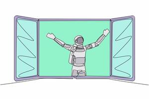 kontinuierlich einer Linie Zeichnung von jung Astronaut suchen aus von Fenster Treffen Neu Tag atmen frisch Luft im Mond Oberfläche. Kosmonaut äußere Raum Konzept. Single Linie zeichnen Grafik Design Vektor Illustration