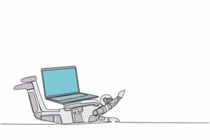 Single kontinuierlich Linie Zeichnung jung Astronaut unter schwer Laptop Computer Last. ermüden oder Ausbrennen Arbeit beim Raumschiff Industrie. Kosmonaut tief Raum. einer Linie zeichnen Design Vektor Grafik Illustration