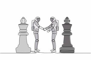 kontinuerlig ett linje teckning av två astronaut skakning händer tillsammans medan stående mellan av kung schack bitar. avtal eller partnerskap. kosmonaut yttre Plats. enda linje design vektor illustration