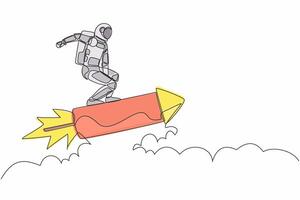 Single kontinuierlich Linie Zeichnung jung Astronaut Stehen rittlings Rakete und fliegend durch das Luft. Zukunft Raum Industrie. Kosmonaut tief Raum Konzept. einer Linie zeichnen Design Vektor Grafik Illustration
