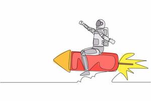 enda ett linje teckning av ung astronaut flygande hög ridning fyrverkeri raket i måne yta. framtida rymdskepp teknologi utveckling. kosmisk galax Plats. kontinuerlig linje design vektor illustration