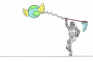 kontinuierlich einer Linie Zeichnung jung Astronaut Versuchen zu fangen fliegend Globus mit Schmetterling Netz. Raum Ausflug und Reise um das Planet. Kosmonaut äußere Raum. Single Linie zeichnen Design Vektor Illustration
