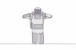 kontinuerlig ett linje teckning ung astronaut stående med två tummen upp gest. handla, tycka om, hålla med, godkänna, acceptera. kosmonaut yttre Plats begrepp. enda linje dra grafisk design vektor illustration