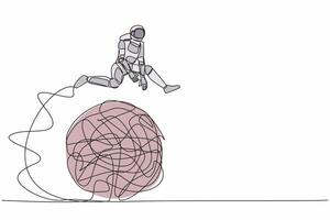 kontinuierlich einer Linie Zeichnung jung Astronaut Springen Über unordentlich Linie im Mond Oberfläche. Überwindung Komplexität von Raum Problem. Kosmonaut äußere Raum. Single Linie zeichnen Grafik Design Vektor Illustration