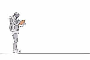 Single einer Linie Zeichnung jung Astronaut Stehen und Schreiben auf Zwischenablage. Zukunft Raumschiff Technologie Entwicklung. kosmisch Galaxis Raum Konzept. kontinuierlich Linie zeichnen Grafik Design Vektor Illustration
