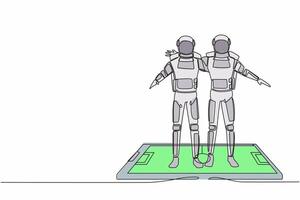Single kontinuierlich Linie Zeichnung zwei Fußball Spieler Astronaut Umarmung jeder andere auf Oberfläche von Smartphone. Handy, Mobiltelefon Fußball Fußball. Kosmonaut tief Raum. einer Linie zeichnen Grafik Design Vektor Illustration