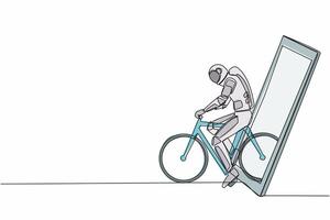 enda kontinuerlig linje teckning ung astronaut cykel racer förbättra hans hastighet på Träning session få ut av smartphone skärm. kosmonaut djup Plats. ett linje grafisk design vektor illustration