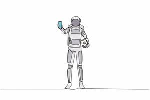 Single kontinuierlich Linie Zeichnung Astronaut Fußball Spieler halten Fußball Ball und Smartphone. Handy, Mobiltelefon Fußball Fußball. Handy, Mobiltelefon Sport abspielen passen. Kosmonaut tief Raum. einer Linie Design Vektor Illustration