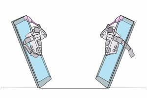 enda ett linje teckning av två ung astronaut tennis spelare kommer ut från cellulär telefon redo till spela i måne yta. kosmisk galax Plats. kontinuerlig linje dra grafisk design vektor illustration