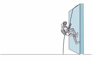kontinuierlich einer Linie Zeichnung jung Astronaut Klettern Über Mauer mit Seil im Mond Oberfläche. Herausforderung im Raumschiff Expedition. Kosmonaut äußere Raum. Single Linie zeichnen Grafik Design Vektor Illustration