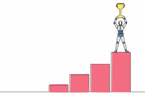 Single kontinuierlich Linie Zeichnung Roboter Klettern Graph Treppe zu erreichen und Heben oben Trophäe. Roboter künstlich Intelligenz. elektronisch Technologie Industrie. einer Linie zeichnen Design Vektor Illustration