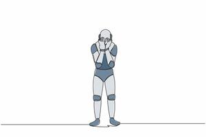 kontinuerlig ett linje teckning robot omslag hans ansikte förbi händer och gråt. depression oordning, ledsen, sorg, besvikelse. humanoid robot cybernetiska organism. enda linje dra design vektor illustration