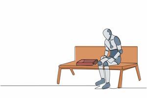 Single kontinuierlich Linie Zeichnung Roboter sitzen beim Bank allein. Leiden von Depression, Erfahrungen Entlassung, schwierig Leben Situation. künstlich Intelligenz. einer Linie zeichnen Design Vektor Illustration