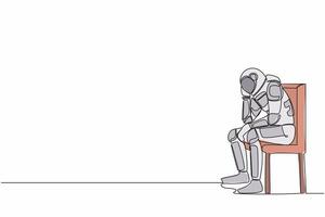 kontinuierlich einer Linie Zeichnung deprimiert Astronaut Sitzung auf Stuhl Denken Über bezahlen Rechnungen Raumschiff Unternehmen während Krise. Kosmonaut äußere Raum. Single Linie zeichnen Grafik Design Vektor Illustration