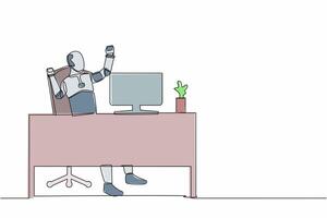 kontinuierlich einer Linie Zeichnung glücklich Roboter Sitzung auf Arbeitsplatz mit angehoben einer Hand hoch und angehoben das andere. Humanoid kybernetisch Organismus. Zukunft Roboter. Single Linie zeichnen Design Vektor Illustration