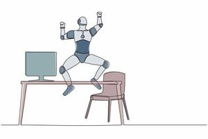 Single kontinuierlich Linie glücklich Roboter Springen mit angehoben Hände in der Nähe von Schreibtisch Arbeitsplatz. modern Roboter Entwicklung. künstlich Intelligenz Maschine Lernen Verfahren. einer Linie zeichnen Design Vektor Illustration
