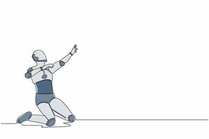 kontinuierlich einer Linie Zeichnung glücklich Roboter kniend mit feiern Tor Pose. Erfolg Geschäft Projekt. Humanoid kybernetisch Organismus. Zukunft Roboter. Single Linie zeichnen Grafik Design Vektor Illustration