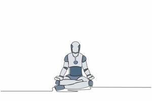 Single einer Linie Zeichnung glücklich Roboter Sitzung mit Yoga Pose, Meditation. entspannt Roboter Betrieb. künstlich Intelligenz. Technologie Industrie. kontinuierlich Linie zeichnen Grafik Design Vektor Illustration