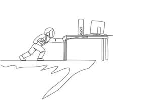 Single einer Linie Zeichnung wütend Astronaut schiebt ein Schreibtisch enthält ein Laptop und Monitor Über das Kante von ein Cliff. tun nicht wollen zu machen ein Expedition Bericht. kontinuierlich Linie Design Grafik Illustration vektor