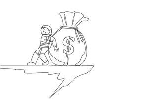 kontinuierlich einer Linie Zeichnung Astronaut geschoben Riese Geld Tasche Nieder mit seine zurück von das Kante von das Cliff. verschwenden Geld. kosmisch Galaxis Raum Konzept. Single Linie zeichnen Design Vektor Illustration