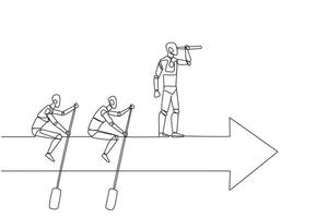 kontinuierlich einer Linie Zeichnung drei Roboter Reiten Pfeile. Zusammenarbeit mit zwei von Sie Rudern, das sich ausruhen Stehen oben mit Fernglas. Zukunft Technik Entwicklung. Single Linie zeichnen Design Vektor Illustration