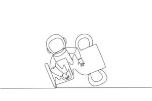 Single einer Linie Zeichnung jung energisch Astronaut umarmen Trophäe. empfangen ein vergeben Trophäe zum das Erfolg von Laufen ein Expedition auf das Oberfläche von Mond. kontinuierlich Linie Design Grafik Illustration vektor