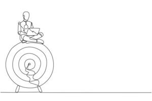 Single kontinuierlich Linie Zeichnung Roboter künstlich Intelligenz Sitzung auf Riese Pfeil Tafel Ziel Tippen Laptop. Roboter Fokus auf Erstellen Netz Anwendungen. Zukunft. einer Linie Design Vektor Illustration