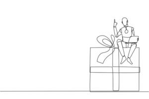 Single einer Linie Zeichnung Roboter künstlich Intelligenz Sitzung auf Riese Geschenk Box halten Laptop erziehen einer Hand. Roboter mögen Menschen. Likes zu geben Geschenke. kontinuierlich Linie Design Grafik Illustration vektor