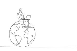 kontinuierlich einer Linie Zeichnung Roboter künstlich Intelligenz Sitzung auf Riese Globus Tippen Laptop. elektronisch Technologie Industrie Entwicklung. Zukunft Technik. Single Linie zeichnen Design Vektor Illustration