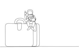 enda kontinuerlig linje teckning ung energisk astronaut Sammanträde på jätte portfölj innehav bärbar dator höja ett hand. de först expedition till de yta av mars. ett linje design vektor illustration