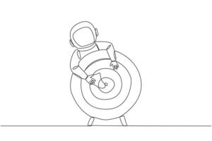 Single einer Linie Zeichnung jung Astronaut umarmen Pfeil Tafel Ziel. Fokus auf erreichen das Beste Ziele. das Zweck von das Expedition. Wissenschaft und Wissen. kontinuierlich Linie Design Grafik Illustration vektor