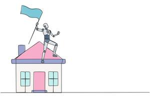 Single kontinuierlich Linie Zeichnung von Roboter künstlich Intelligenz Stehen auf Miniatur Haus halten flattern Flagge. Zukunft Technologie Roboter Entwicklung Konzept. einer Linie Design Vektor Illustration