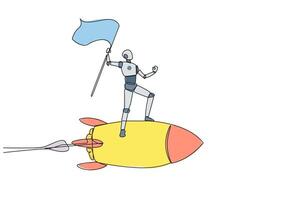 enda kontinuerlig linje teckning av robot stående på flygande raket genom de himmel innehav de flagga. entreprenör göra en robot till startande en ny företag börja. ett linje design vektor illustration