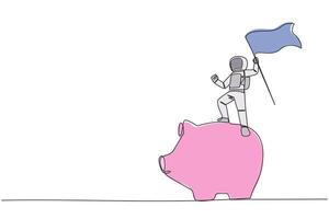 Single einer Linie Zeichnung jung energisch Astronaut Stehen auf Riese Schweinchen Bank halten flattern Flagge. spart im ein Schweinchen Bank zum das Nächster Raum Reise. kontinuierlich Linie Design Grafik Illustration vektor