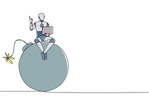 Single kontinuierlich Linie Zeichnung Roboter künstlich Intelligenz Sitzung auf groß Bombe mit ein Verbrennung Sicherung halten Laptop erziehen einer Hand. Warnung Roboter. Achtung unterzeichnen. einer Linie Design Vektor Illustration