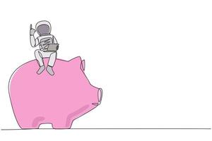 Single einer Linie Zeichnung jung Astronaut Sitzung auf Riese Schweinchen Bank halten Laptop erziehen einer Hand. Speichern oben Geld zum das Nächster Expedition. Galaxis kosmisch. kontinuierlich Linie Design Grafik Illustration vektor
