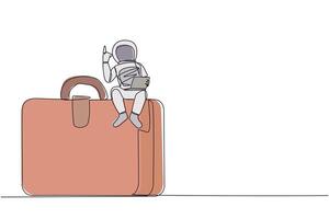 Single kontinuierlich Linie Zeichnung jung energisch Astronaut Sitzung auf Riese Aktentasche halten Laptop erziehen einer Hand. das zuerst Expedition zu das Oberfläche von Mars. einer Linie Design Vektor Illustration