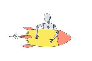 Single einer Linie Zeichnung Roboter umarmen fliegend Rakete. seine Fähigkeit ist einstellen oben zu Sein fähig zu Fang ein fliegend Rakete. Maschine Lernen Center. Zukunft Technologie. kontinuierlich Linie Design Grafik Illustration vektor