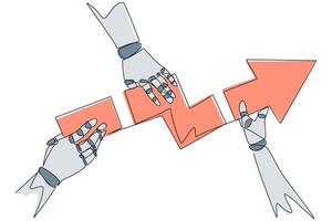 enda ett linje teckning tre robot händer varje innehav en riktnings pilspets. do lagarbete så den där de bitar bli hela. artificiell intelligens. kontinuerlig linje design grafisk illustration vektor