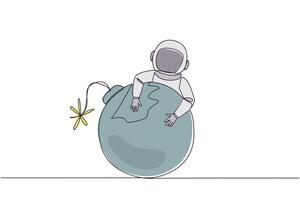 Single einer Linie Zeichnung jung energisch Astronaut umarmen groß Bombe mit ein Verbrennung Sicherung. versuchen zu entschärfen das Bombe. vermeiden das Raum Expedition von Achtung. kontinuierlich Linie Design Grafik Illustration vektor