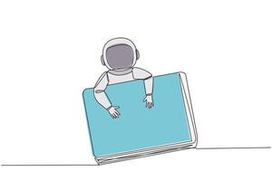 kontinuierlich einer Linie Zeichnung jung Astronaut umarmen Laptop. bereiten zu übertragen Daten erforderlich durch Mannschaft auf Erde. wird bearbeitet von Wasser Entdeckung Daten auf Mond. Single Linie zeichnen Design Vektor Illustration