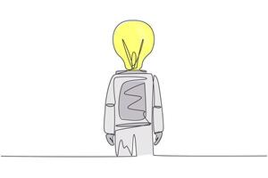 Single kontinuierlich Linie Zeichnung Astronaut mit die Glühbirne stattdessen von Kopf, Stand gegenüber nach vorne. das Konzept von Astronauten Kopf ist gefüllt mit viele brillant Ideen. einer Linie Design Vektor Illustration