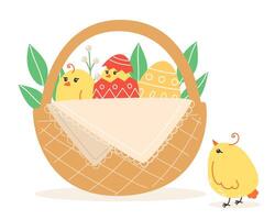 påsk illustration med kycklingar och målad ägg i en korg- korg för de Semester i en tecknad serie stil vektor