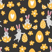 nahtlos Muster von Ostern Hasen, Blumen und gemalt Eier im Karikatur Stil vektor