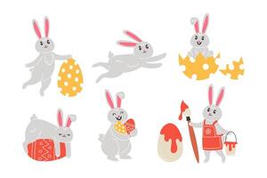 uppsättning av påsk kaniner och målad ägg i tecknad serie stil vektor