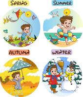 vektor illustration av fyra säsonger med tecknad serie unge