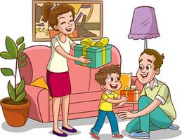 Vektor Illustration von Kinder Überraschung ihr Vater und geben ein Geschenk.